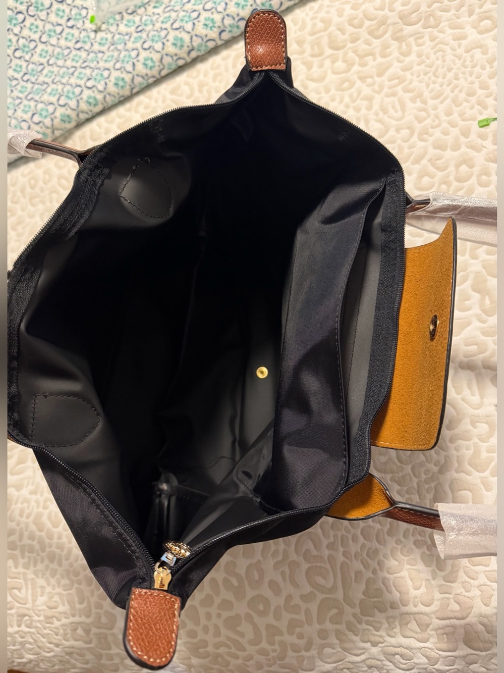 Longchamp Nylon Black Tote with Brown Leather Trim - Black/Brown - Picture 8 of 11